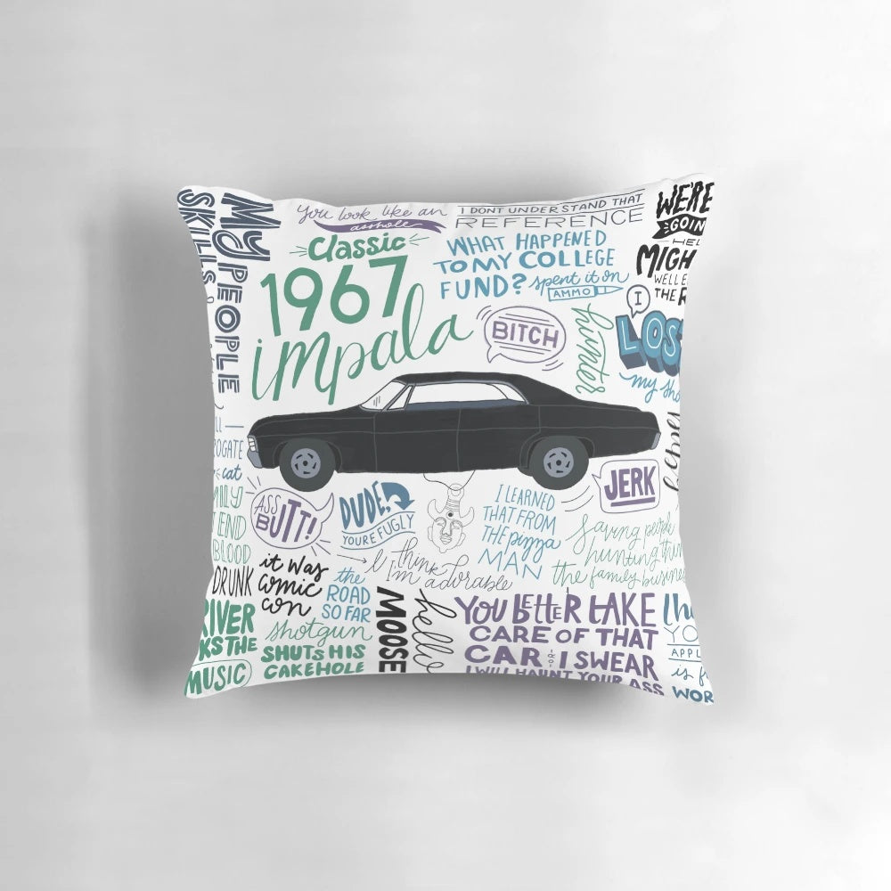Supernatural-themed pillow featuring the Winchester brothers and their iconic Impala