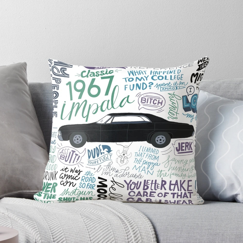 Supernatural-themed pillow featuring the Winchester brothers and their iconic Impala