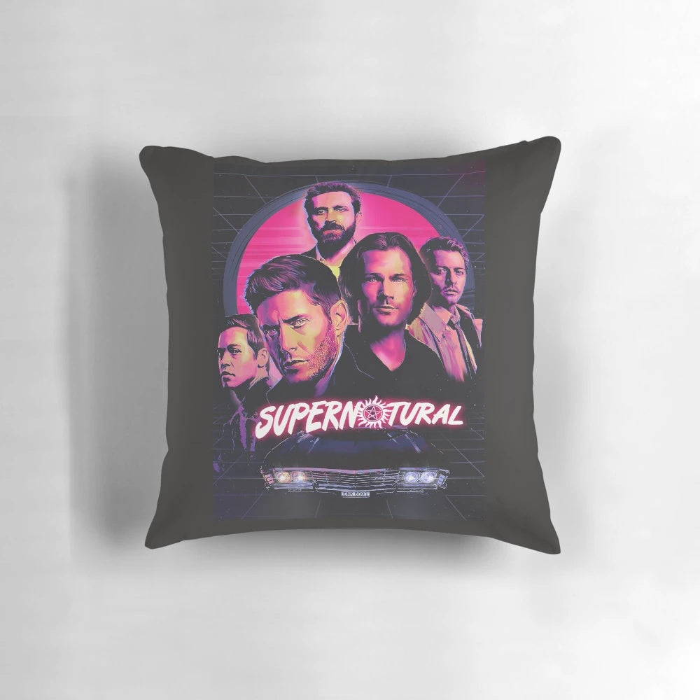 Supernatural-themed pillow featuring the Winchester brothers and Castiel