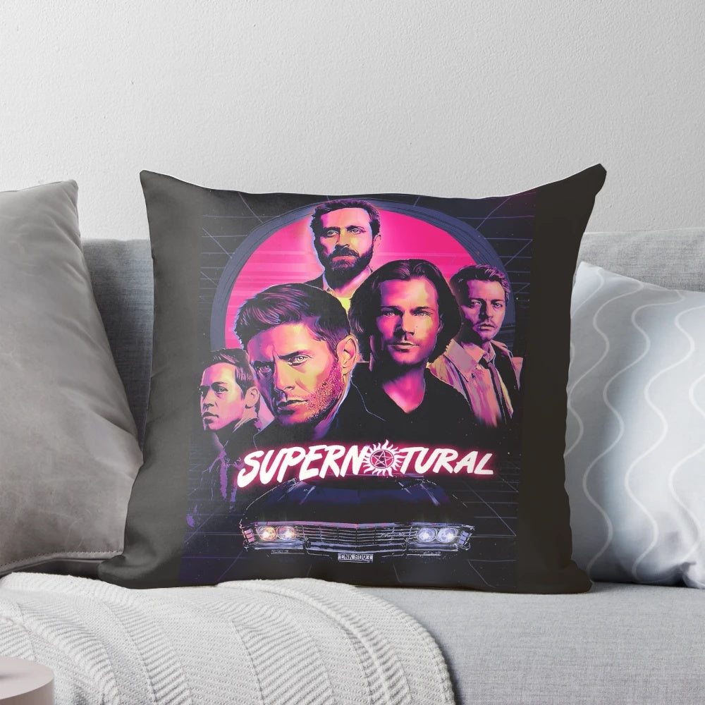 Supernatural-themed pillow featuring the Winchester brothers and Castiel
