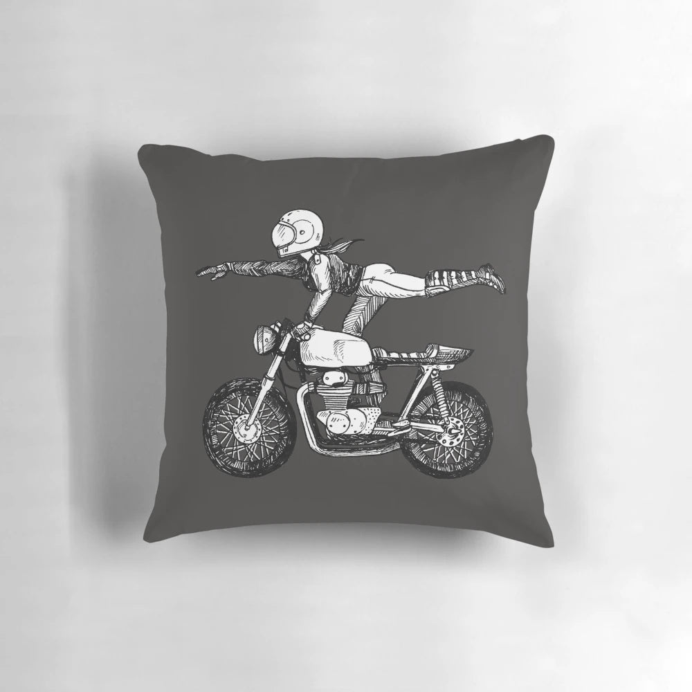 A stylish pillow featuring a "Women Who Ride" design, perfect for female motorcycle enthusiasts.