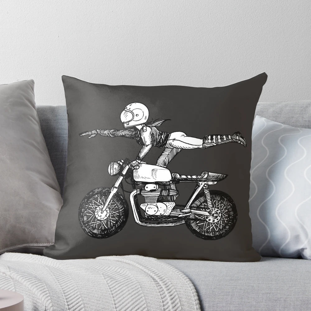 A stylish pillow featuring a "Women Who Ride" design, perfect for female motorcycle enthusiasts.