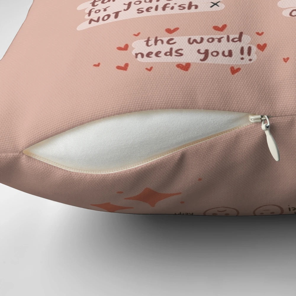 A cozy pillow with mental health reminders and affirmations to promote self-care and wellbeing.