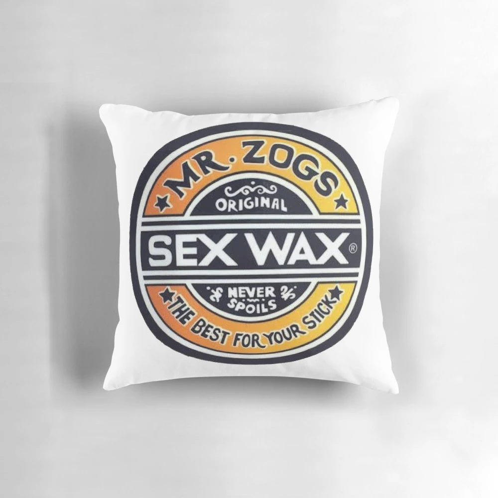 Plush pillow featuring the iconic Mr. Zogs Sex Wax branding, perfect for surf enthusiasts and meme lovers.