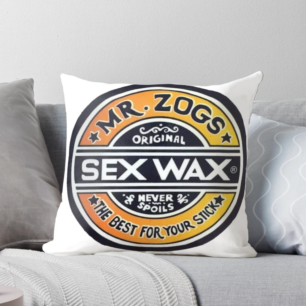 Plush pillow featuring the iconic Mr. Zogs Sex Wax branding, perfect for surf enthusiasts and meme lovers.