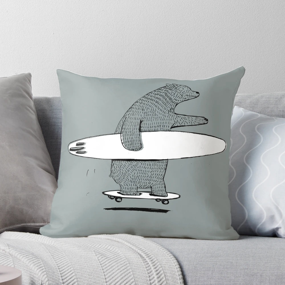Colorful pillow featuring a surfing and skateboarding design
