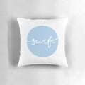 A soft, round pillow with a swirling blue and white pattern, inspired by the waves and surf lifestyle.