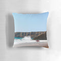 Vibrant surfing-themed pillow featuring waves, ocean, and Portugal landscape
