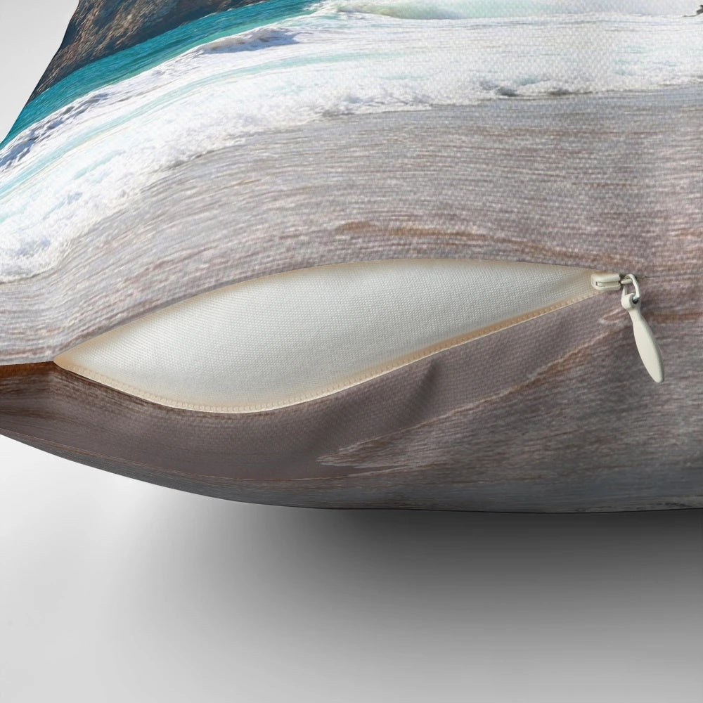 Vibrant surfing-themed pillow featuring waves, ocean, and Portugal landscape
