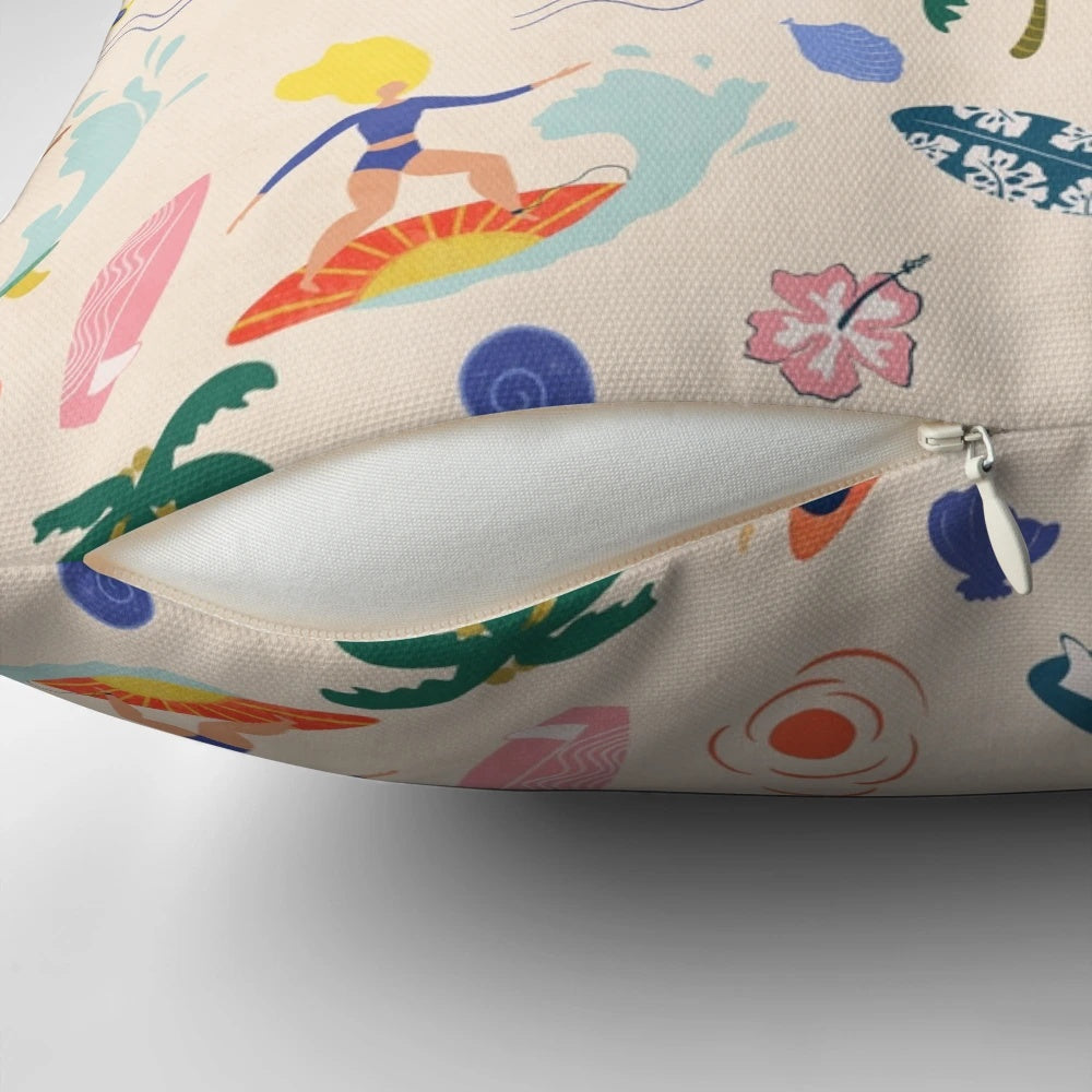 Colorful and vibrant 'Surfing Girl' pillow with a surfer riding a wave on a beach background