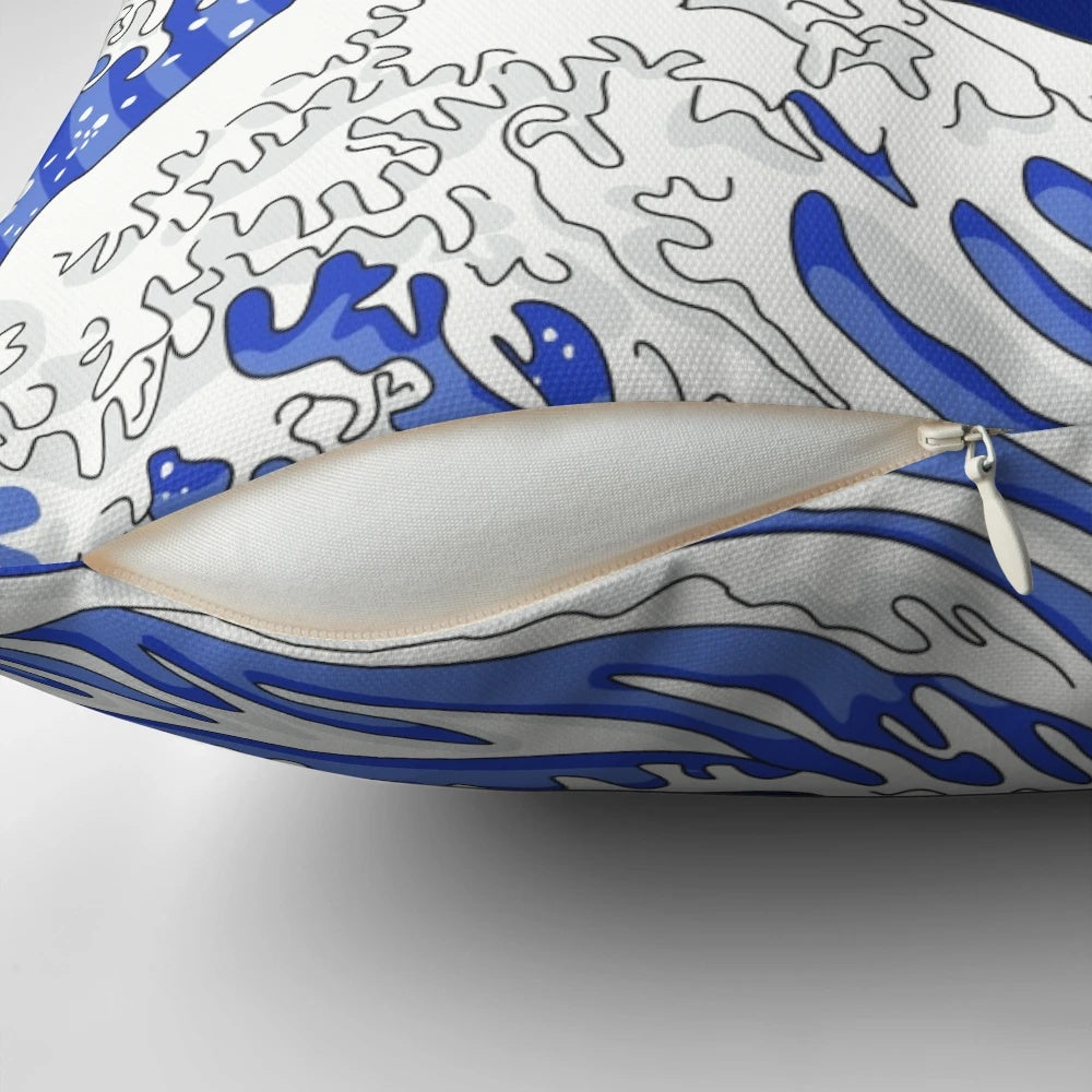 A beautiful pillow featuring the iconic "Great Wave off Kanagawa" design in shades of blue and navy.
