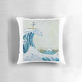Surfer girl pillow with ocean waves and tropical palm leaves