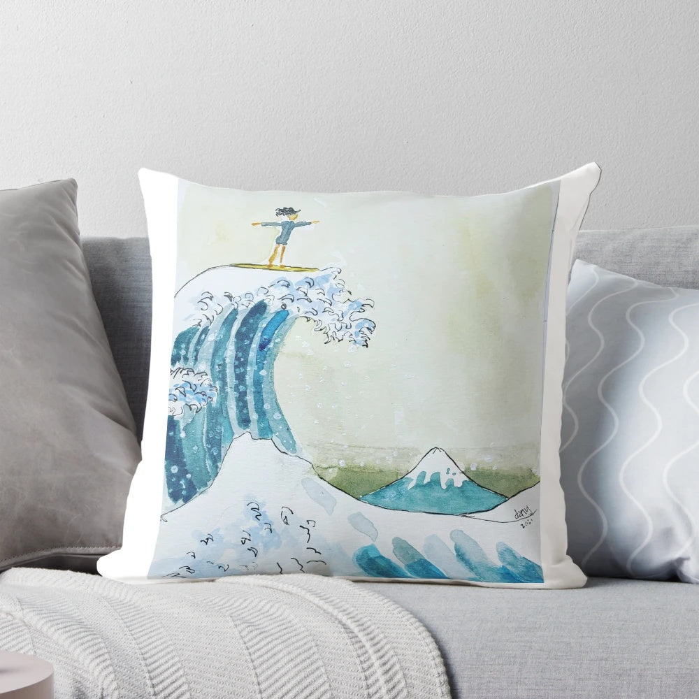 Surfer girl pillow with ocean waves and tropical palm leaves