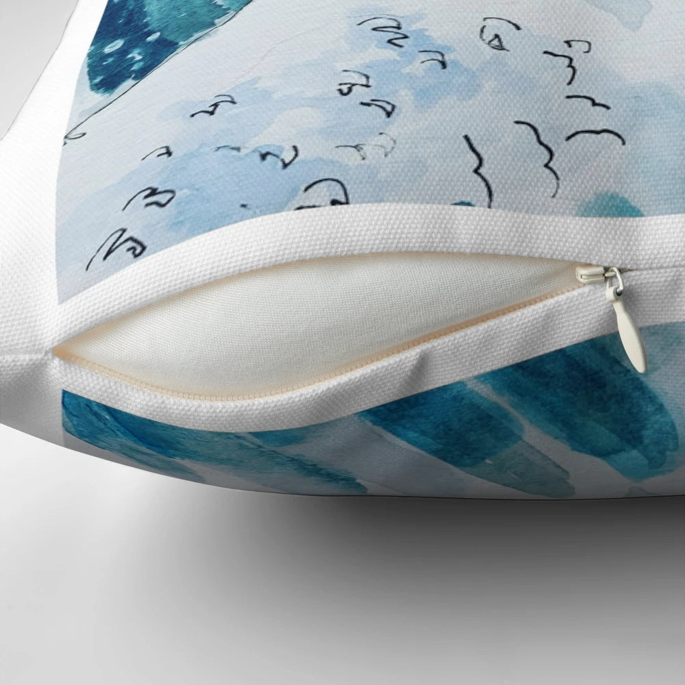 Surfer girl pillow with ocean waves and tropical palm leaves