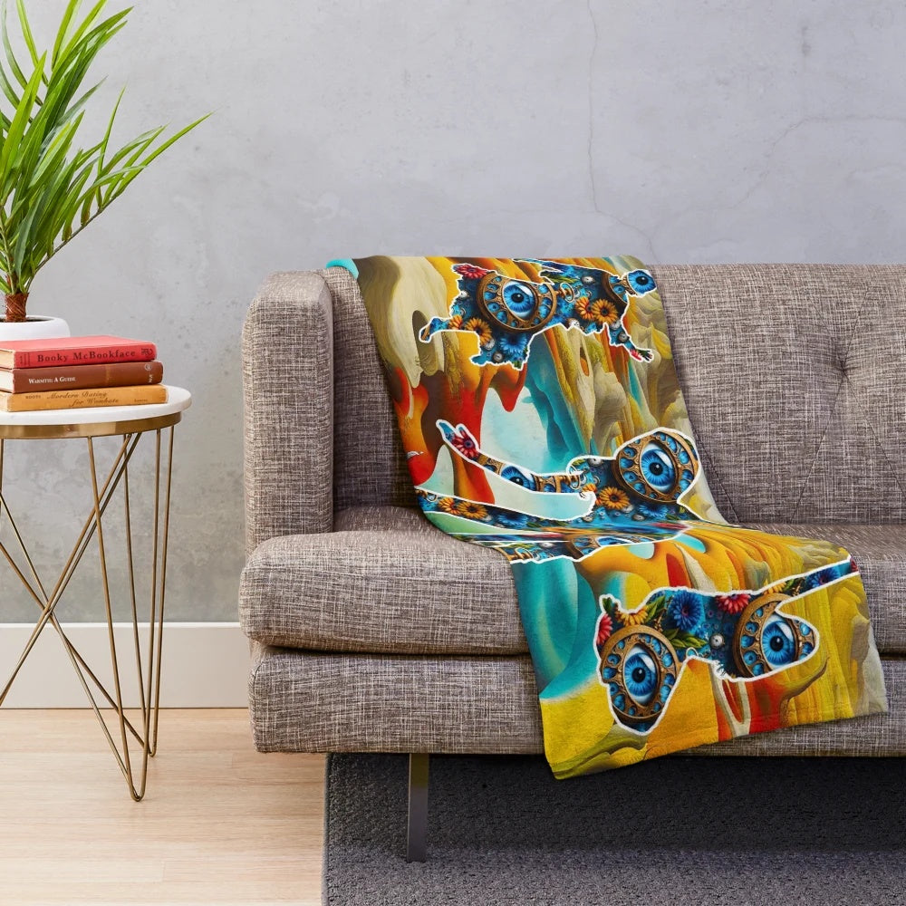 Surreal and trippy plush blanket with abstract nature-inspired artwork