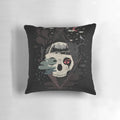Surreal abstract pillow featuring a diamond-patterned skull against a night sky with trees and a moon