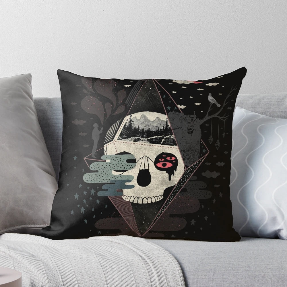 Surreal abstract pillow featuring a diamond-patterned skull against a night sky with trees and a moon