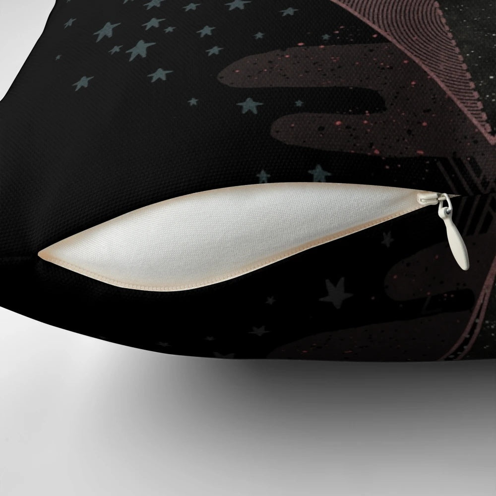 Surreal abstract pillow featuring a diamond-patterned skull against a night sky with trees and a moon