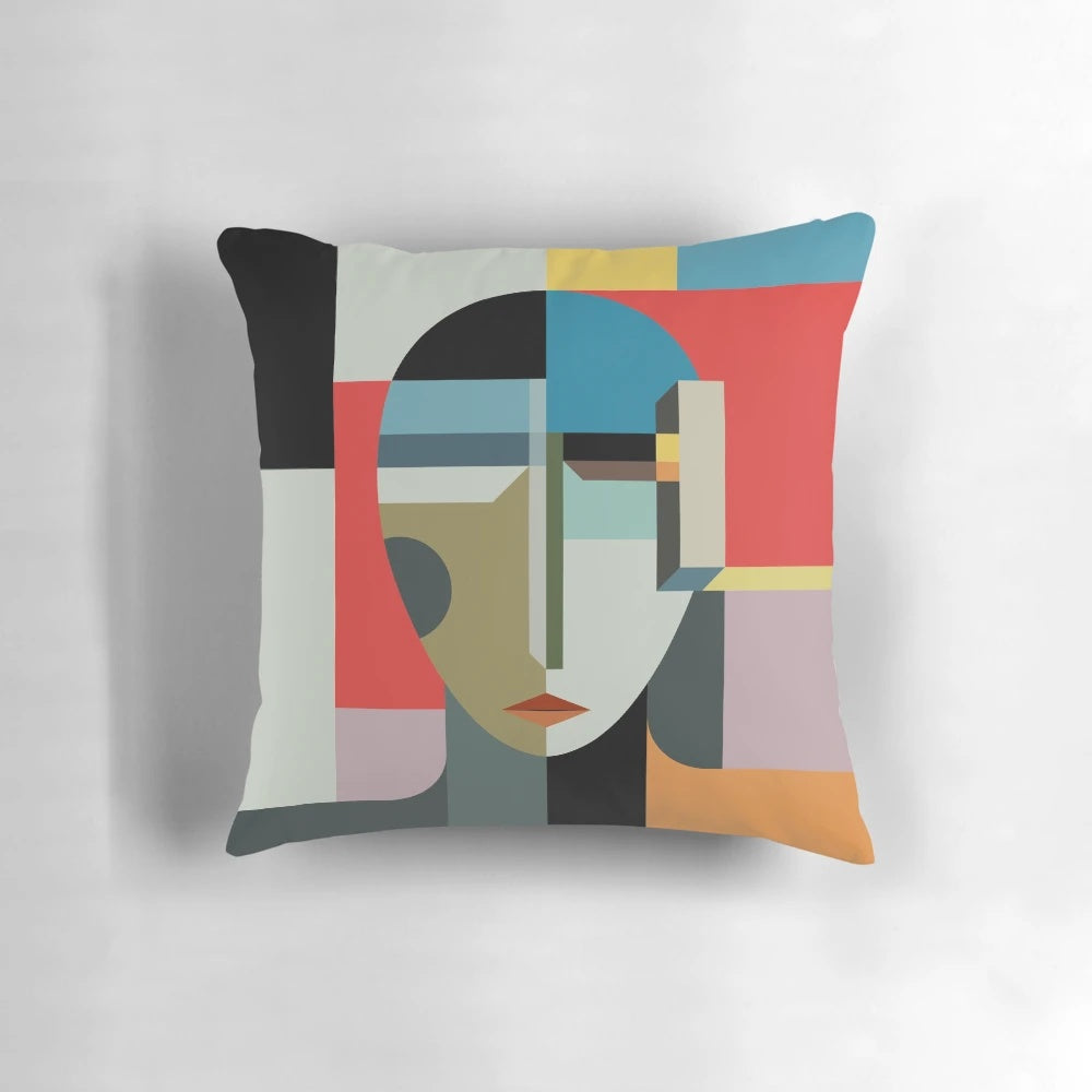 Surreal abstract design featuring a minimalist woman's face on a decorative throw pillow