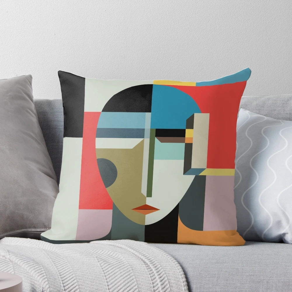 Surreal abstract design featuring a minimalist woman's face on a decorative throw pillow