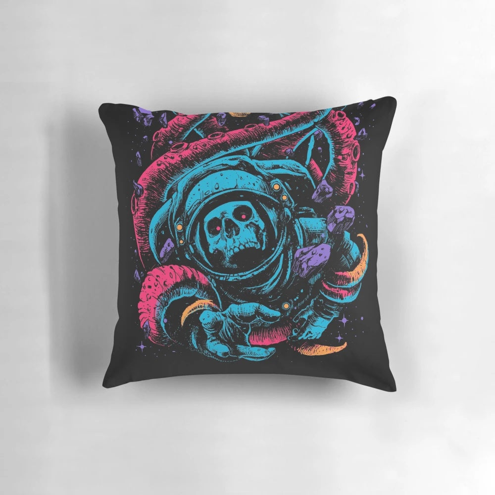 Surreal and spooky sci-fi inspired Halloween pillow with a colorful, abstract skull and zombie design