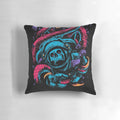 Surreal and spooky sci-fi inspired Halloween pillow with a colorful, abstract skull and zombie design