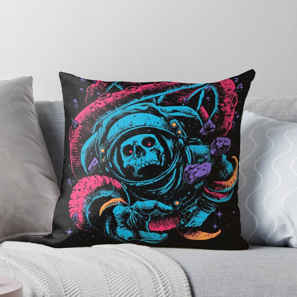 Surreal and spooky sci-fi inspired Halloween pillow with a colorful, abstract skull and zombie design