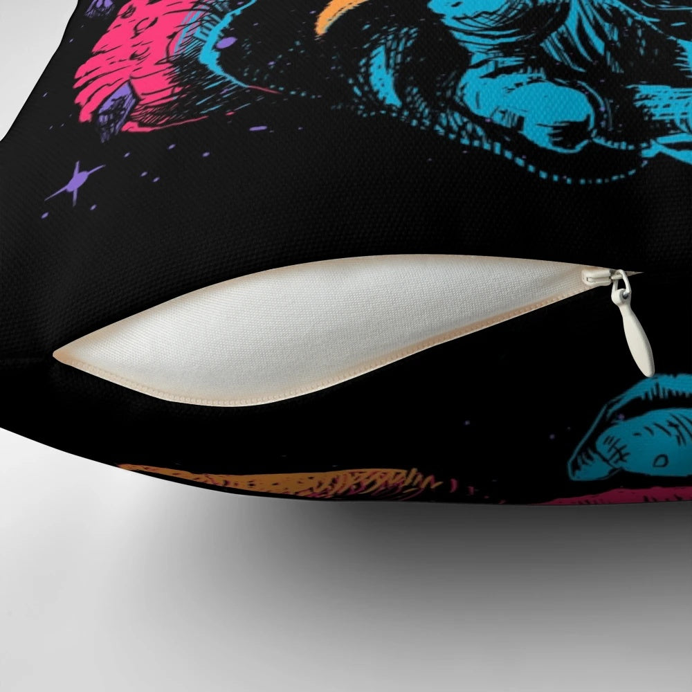 Surreal and spooky sci-fi inspired Halloween pillow with a colorful, abstract skull and zombie design