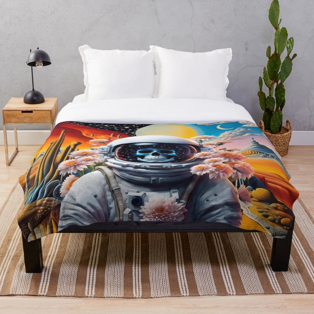 Astronaut floating in front of a surreal, colorful alien planet on a plush, soft blanket