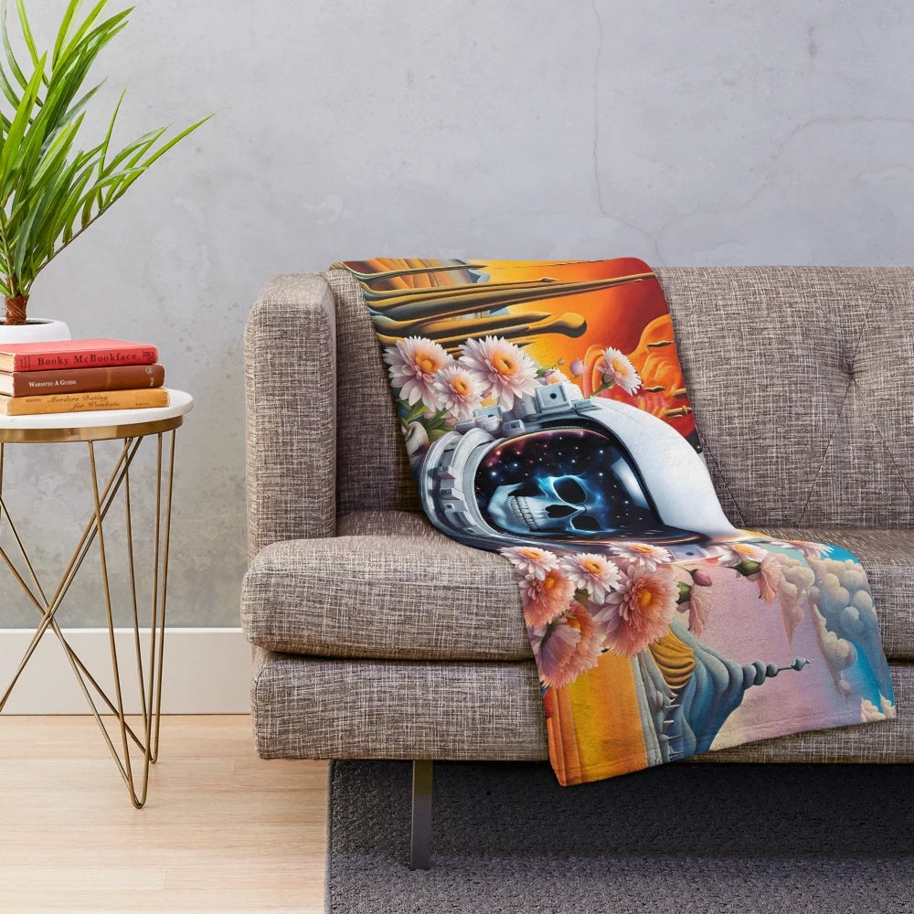 Astronaut floating in front of a surreal, colorful alien planet on a plush, soft blanket