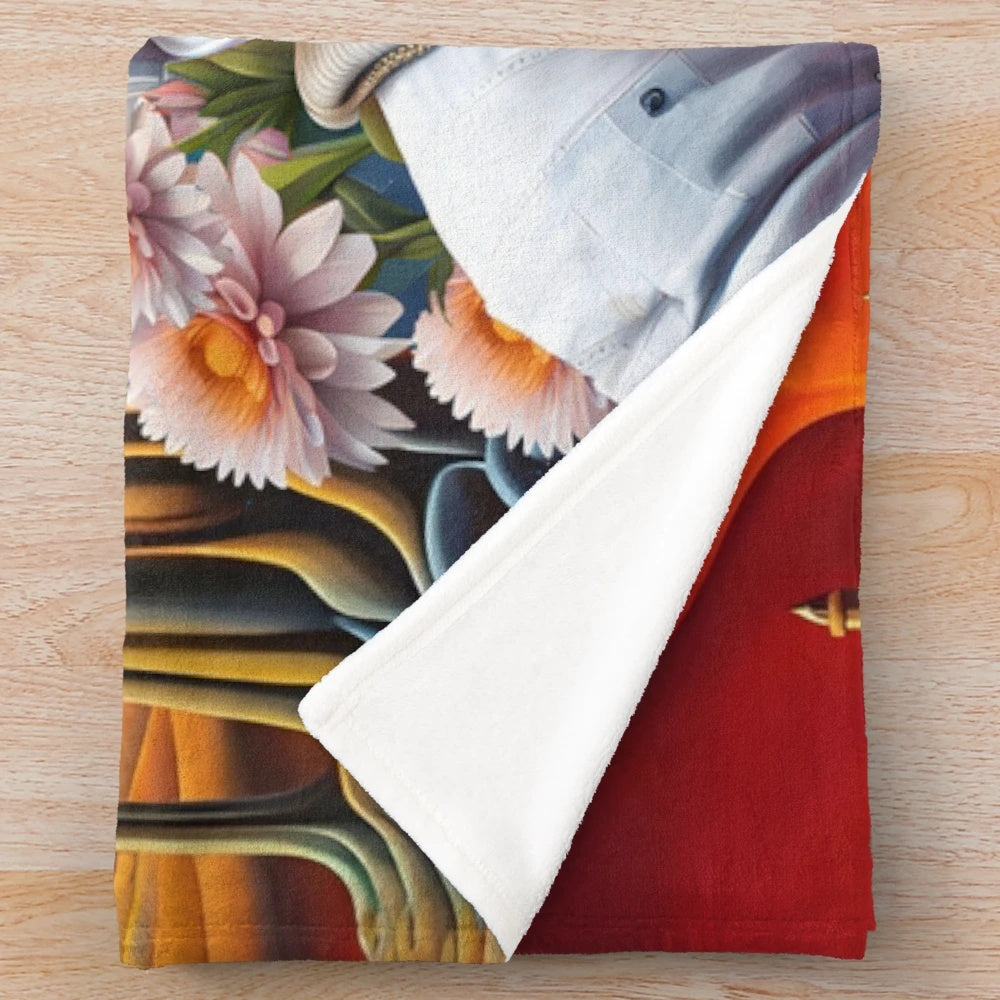 Astronaut floating in front of a surreal, colorful alien planet on a plush, soft blanket
