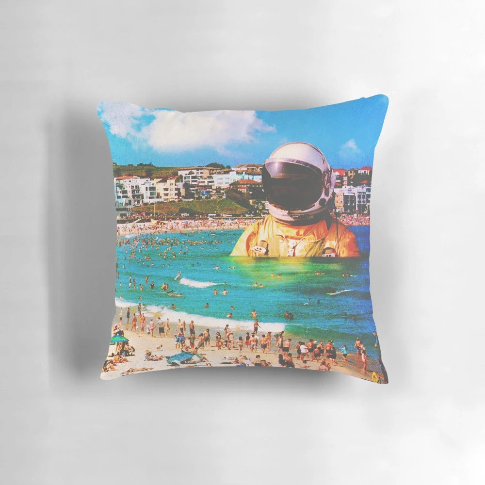 A surreal digital collage of an astronaut on a beach, titled "The Second Social Attempt Pillow