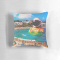 A surreal digital collage of an astronaut on a beach, titled "The Second Social Attempt Pillow