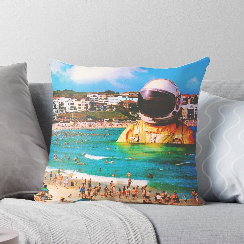 A surreal digital collage of an astronaut on a beach, titled "The Second Social Attempt Pillow