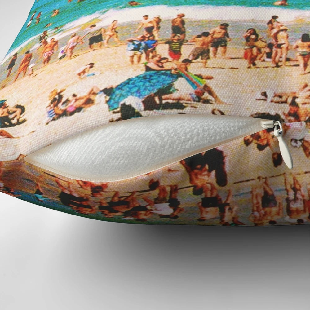 A surreal digital collage of an astronaut on a beach, titled "The Second Social Attempt Pillow