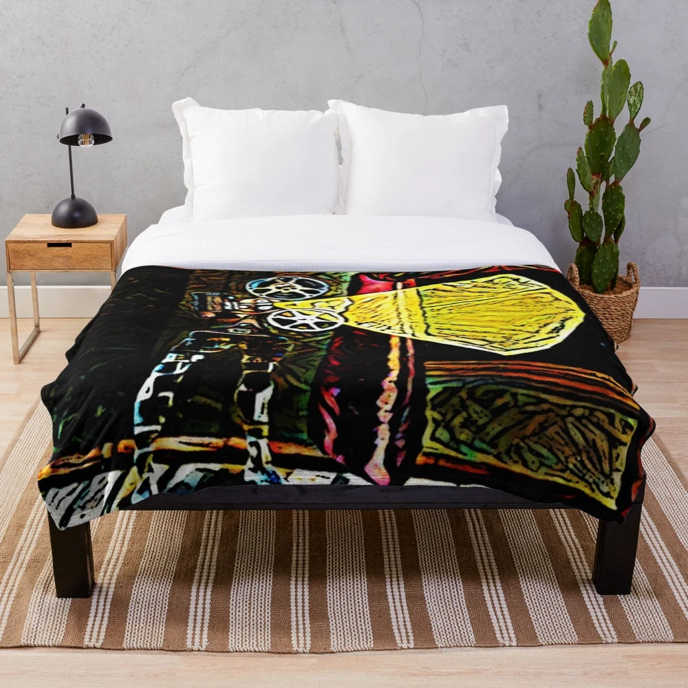 Surreal, conceptual plush blanket with cinema-themed design