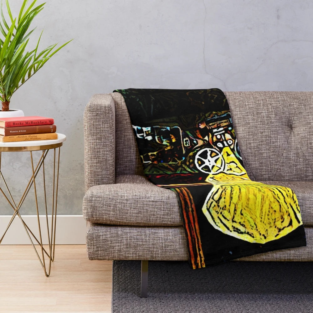 Surreal, conceptual plush blanket with cinema-themed design