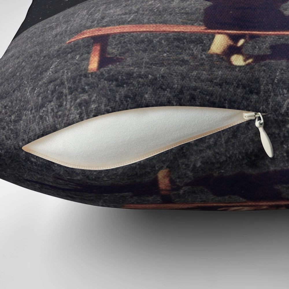 Surreal art pillow depicting a couple in outer space against a dark sky with stars