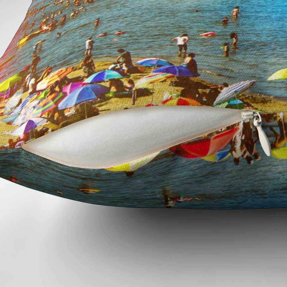 Surreal digital collage pillow featuring an astronaut on a beach against a futuristic, cosmic landscape.