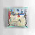 A striking and surreal "Don't Hug Me I'm Scared" themed decorative pillow, perfect for fans of the cult classic YouTube video.