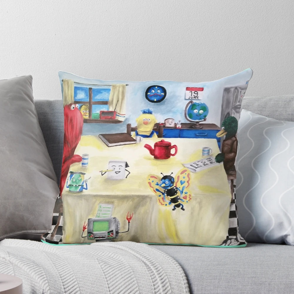 A striking and surreal "Don't Hug Me I'm Scared" themed decorative pillow, perfect for fans of the cult classic YouTube video.