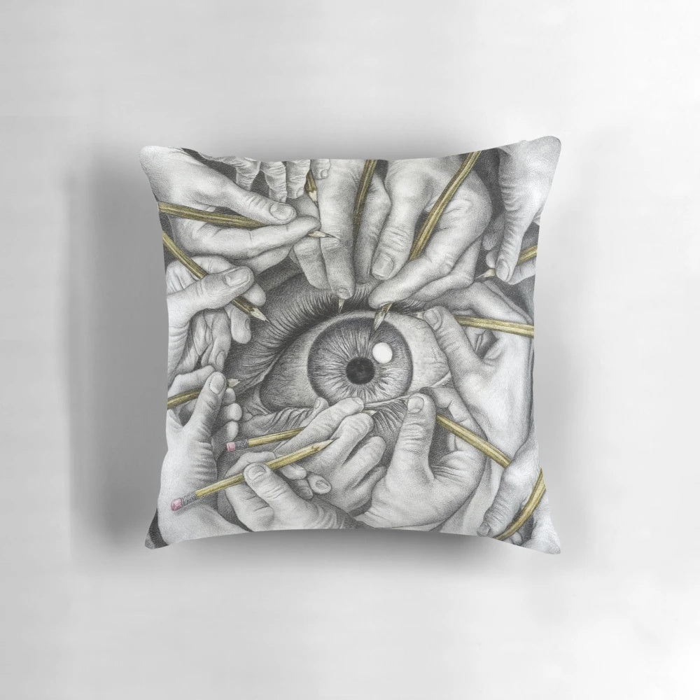 Surreal art pillow featuring a disembodied eye, skull, and hands in an Escher-inspired design.