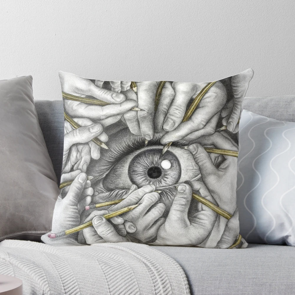 Surreal art pillow featuring a disembodied eye, skull, and hands in an Escher-inspired design.