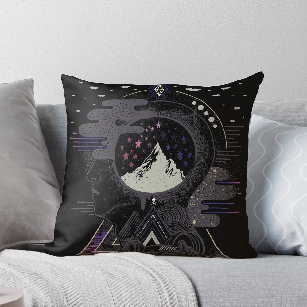 Soft and plush surreal dream pillow with a galaxy and space design, perfect for relaxing and recharging.