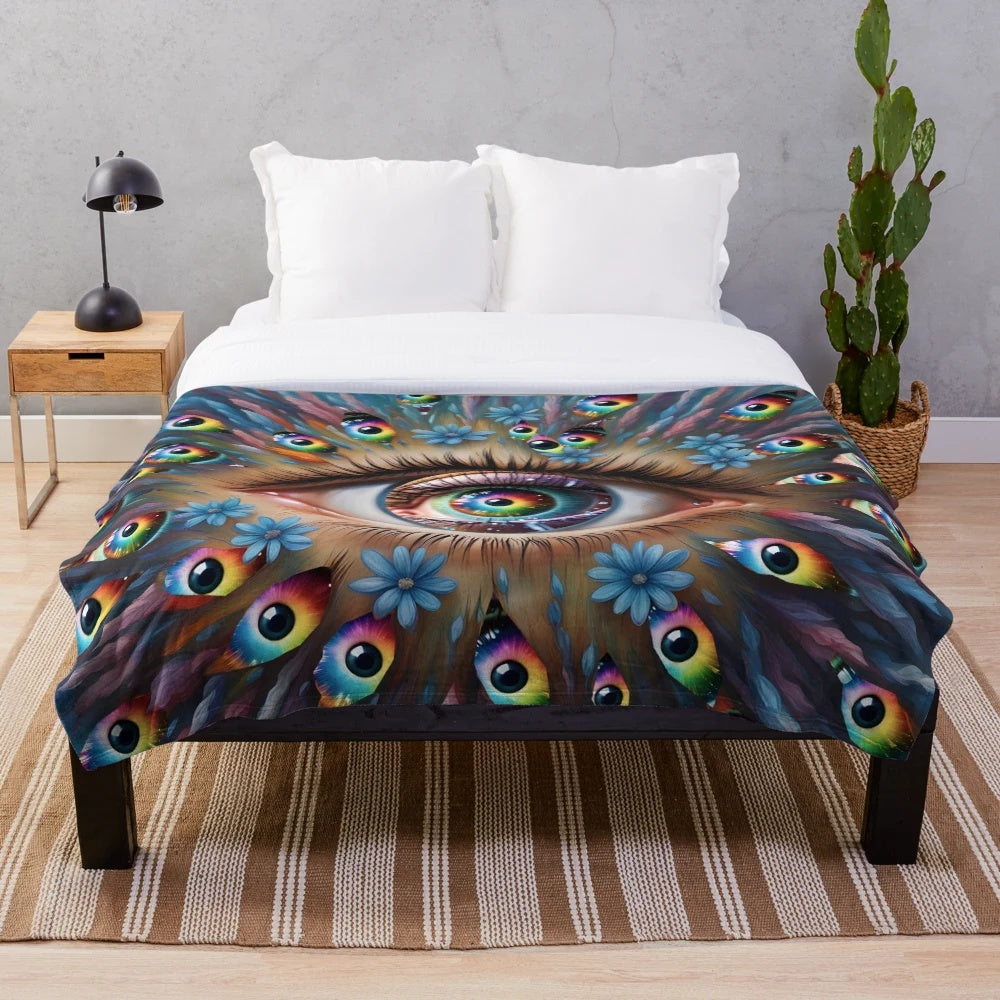 Surreal eye flower plush blanket with vibrant, artistic design