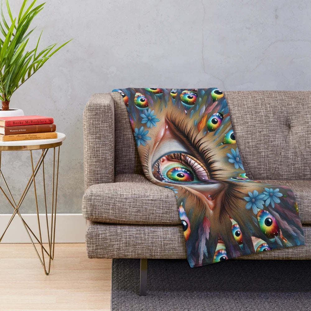 Surreal eye flower plush blanket with vibrant, artistic design