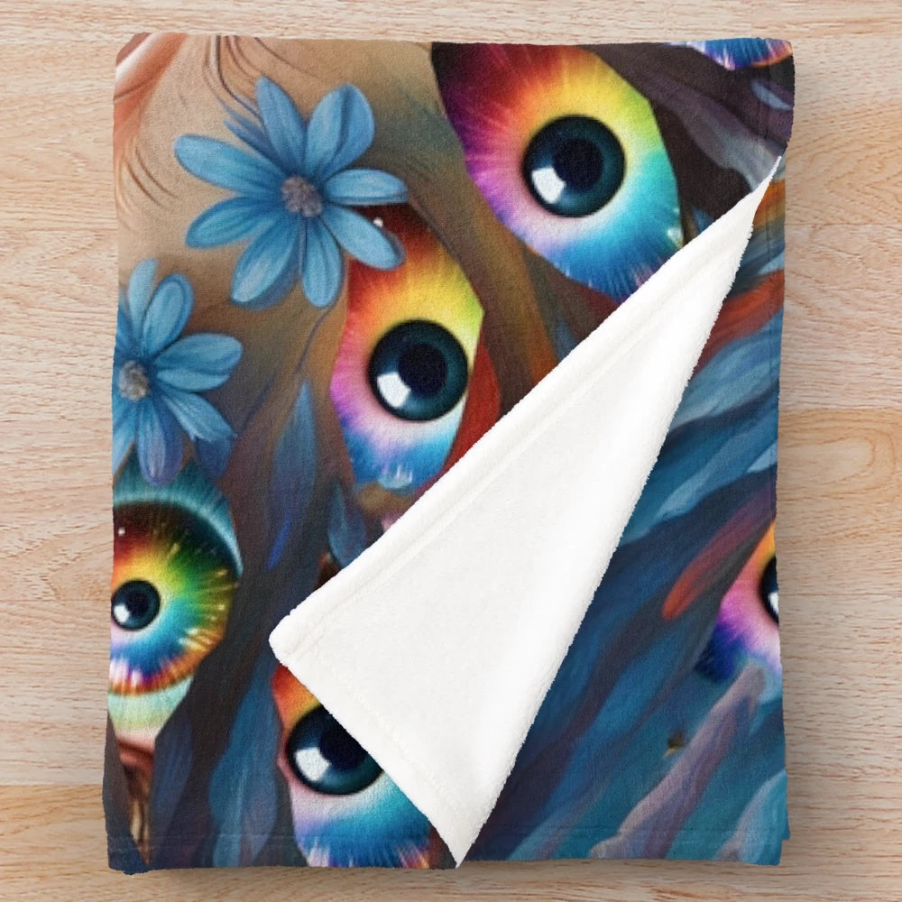 Surreal eye flower plush blanket with vibrant, artistic design