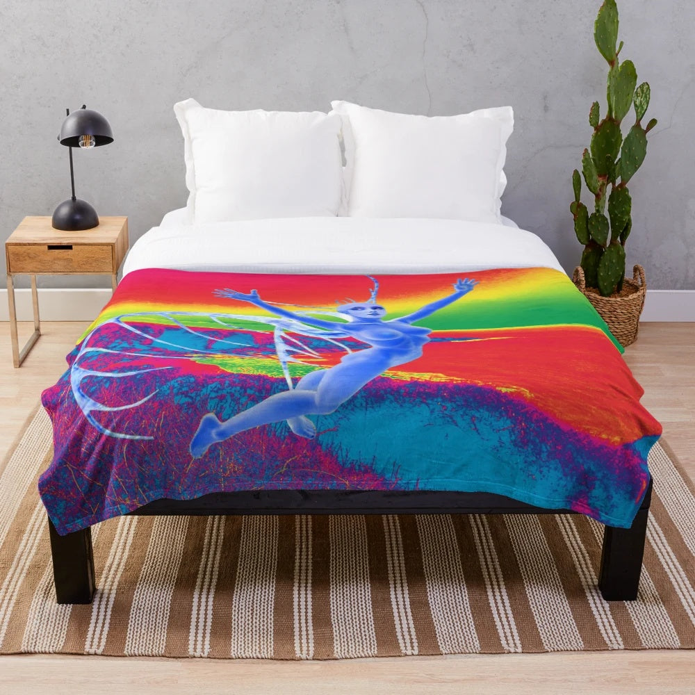 Colorful surreal plush blanket featuring a fantasy alien creature in flight