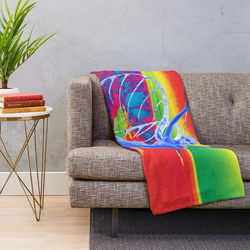 Colorful surreal plush blanket featuring a fantasy alien creature in flight