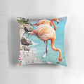A vibrant, surreal photograph of a group of flamingos standing in the ocean on a tropical beach.